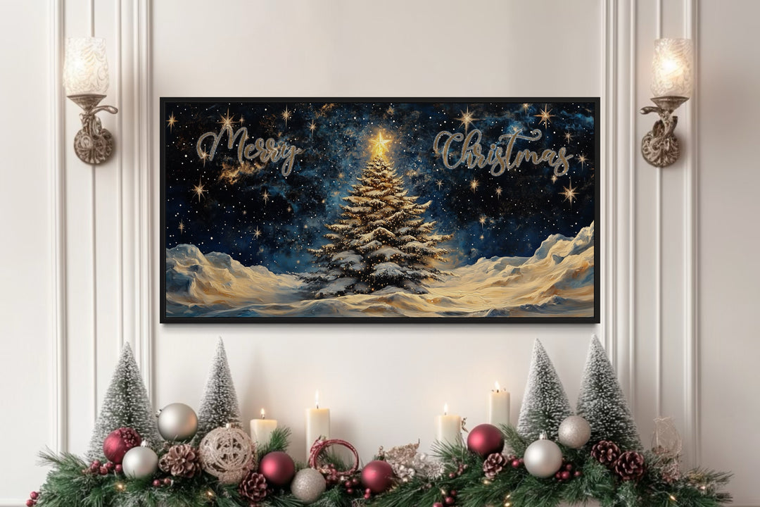 Merry Christmas Sign With Decorated Tree And Snow Canvas Wall Art above christmas mantel