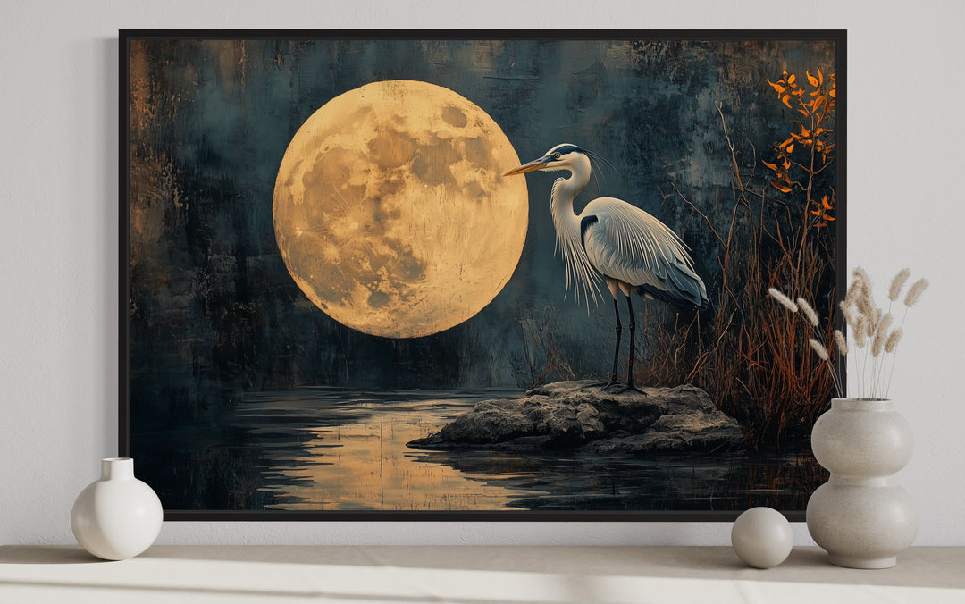 Blue Heron At Night Under Full Moon Framed Canvas Wall Art close up