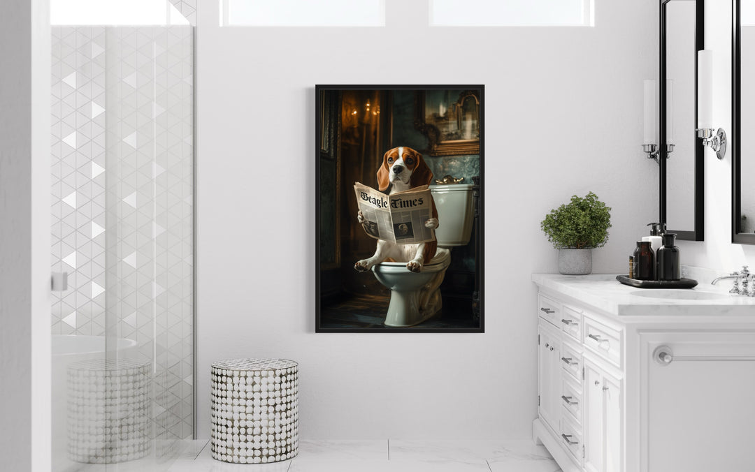 Beagle On The Toilet Reading Newspaper wall art in bathroom