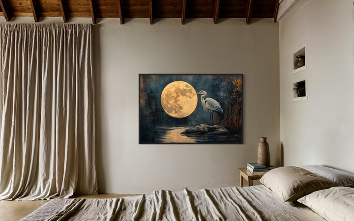 Blue Heron At Night Under Full Moon Framed Canvas Wall Art