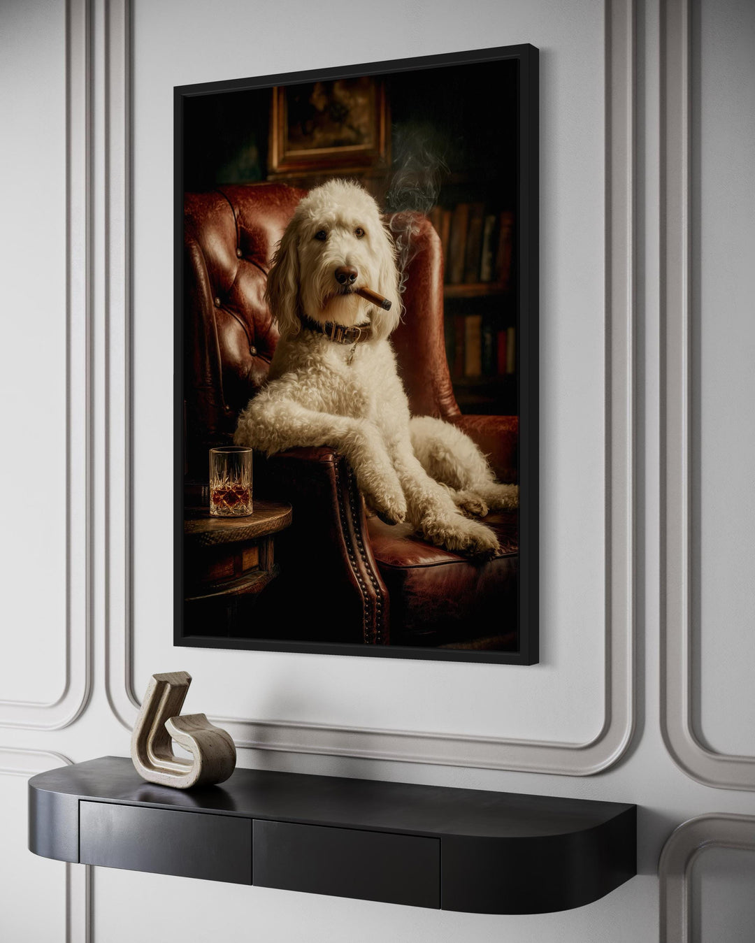 White Goldendoodle Dog Drinking Whiskey and Smoking Cigar Canvas Wall Art