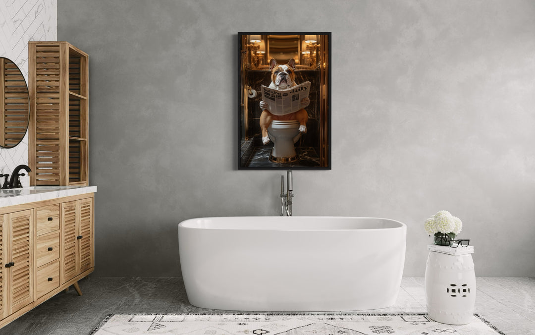 Bulldog On Toilet Reading Newspaper Framed Canvas Wall Art in bathroom