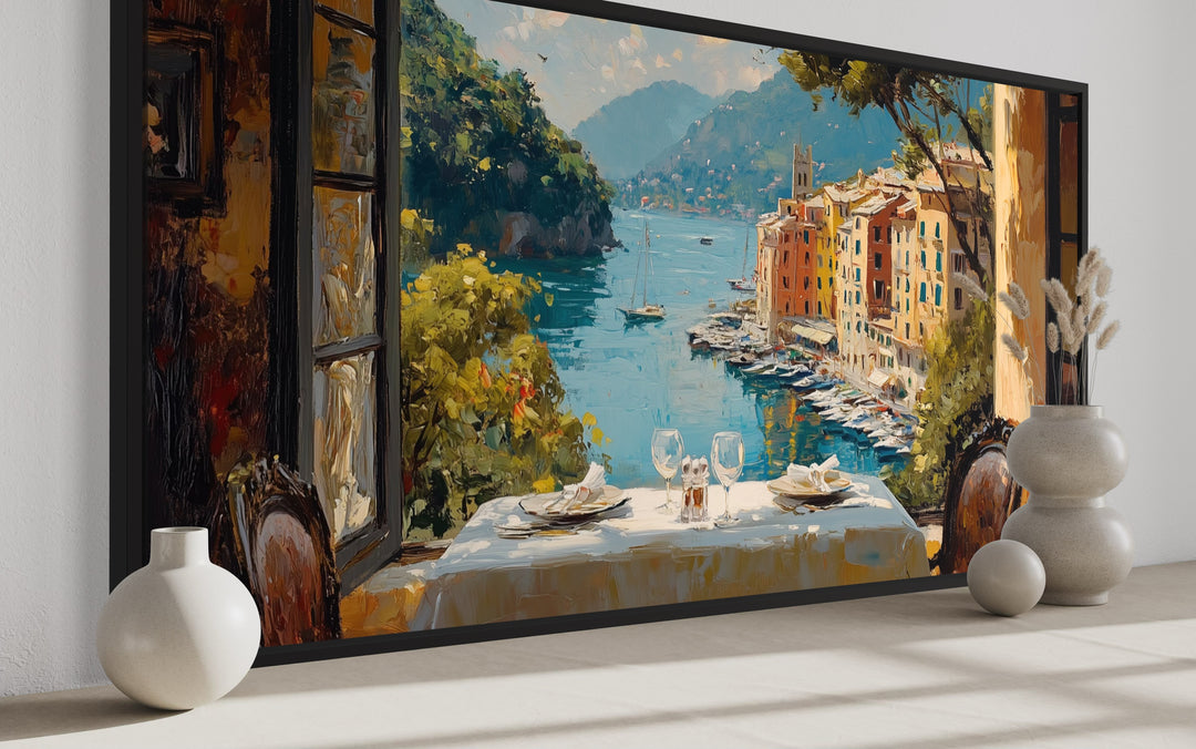 Portofino Window View From Restaurant Framed Canvas Wall Art For Dining Room side view