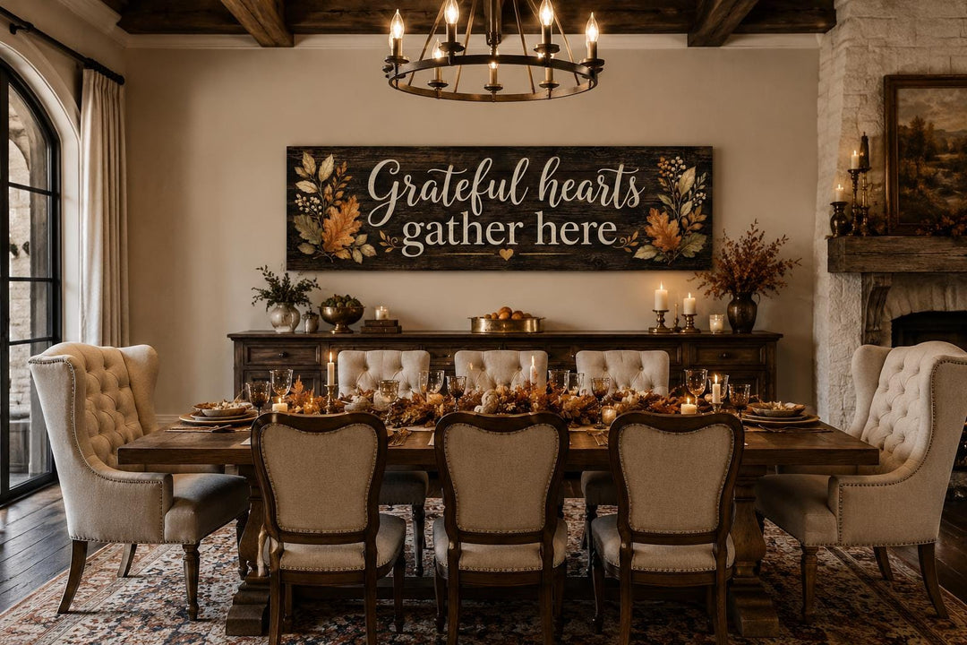 Grateful Hearts Gather Here farmhouse sign above a set dining table with autumn decor.