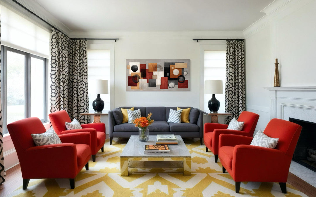 Modern Geometric Abstract  Red, Black, Beige and Orange Shapes Canvas Wall Art