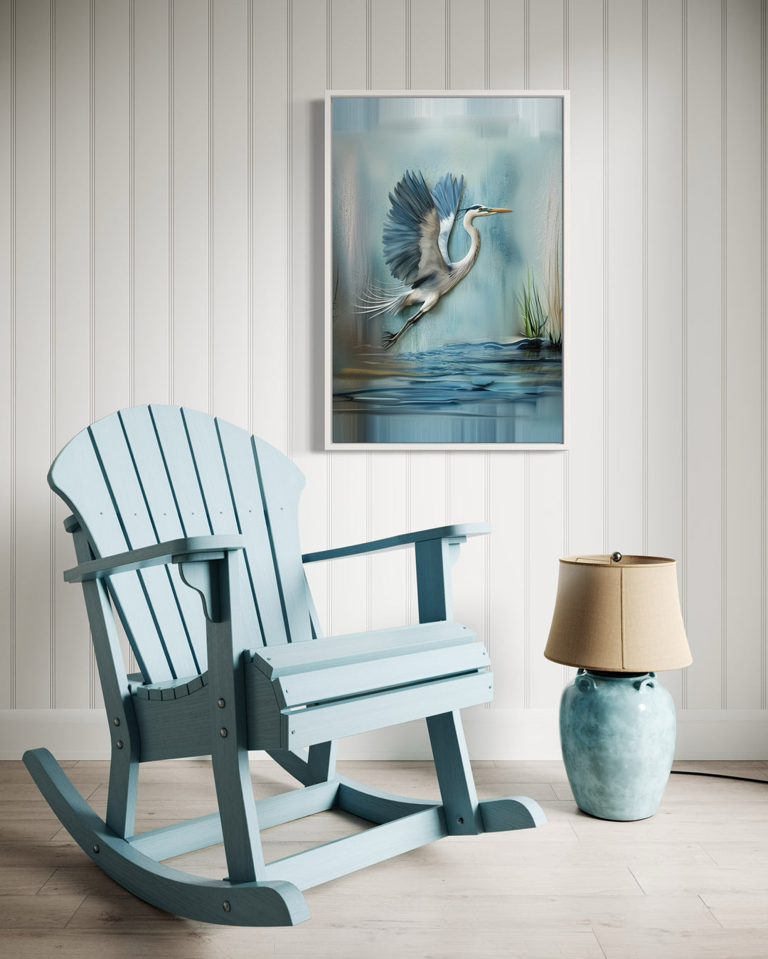 Blue Heron Flying Rustic Coastal Framed Canvas Wall Art in coastal room