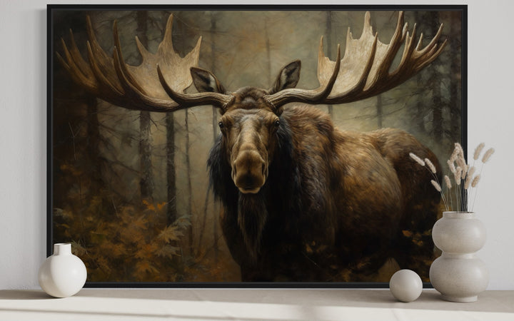 a painting of a moose in a forest