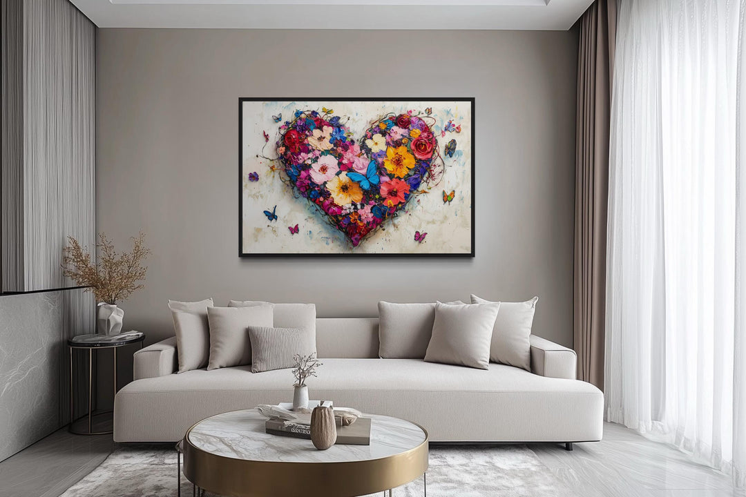 Pink Floral Heart With Butterflies Wall Art - Colorful Romantic Graffiti Canvas Print For Living Room Or Bedroom