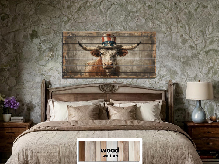 Longhorn Bull Wall Art - Rustic Wood Decor With Uncle Sam Hat | Patriotic Farmhouse