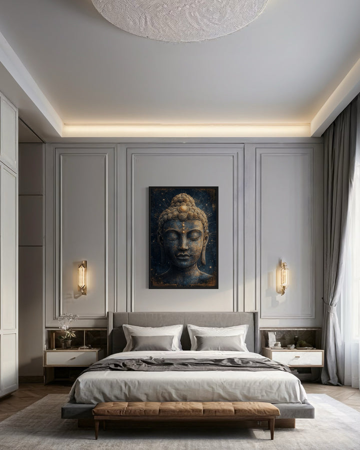 Navy Blue Buddha Statue Zen Cosmic Framed Canvas Wall Art in a zen bedroom