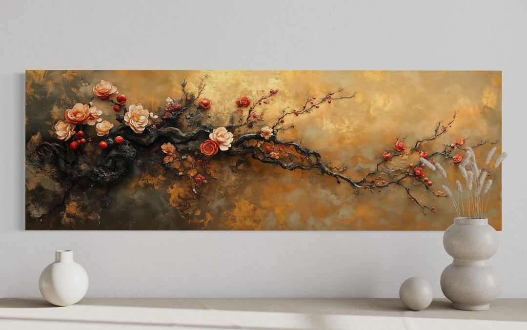 Pink Tree Blossoms On Gold Background Long Horizontal Wall Art close up