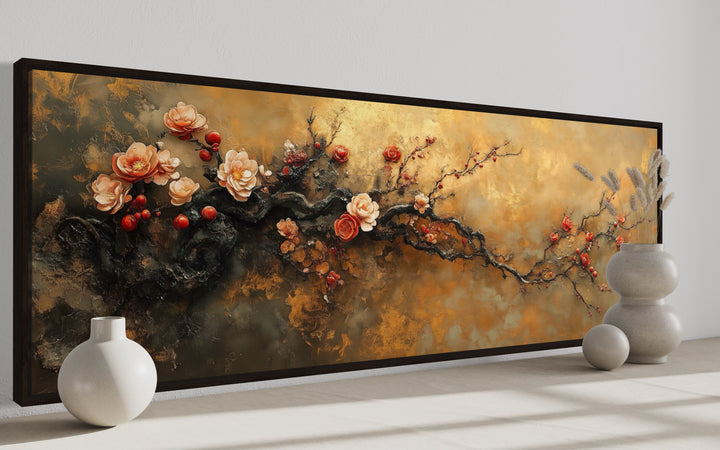 Pink Tree Blossoms On Gold Background Long Horizontal Wall Art side view