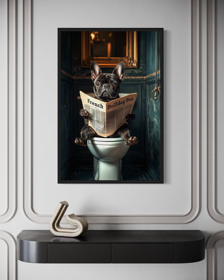 Black French Bulldog On The Toilet Reading Newspaper Picture