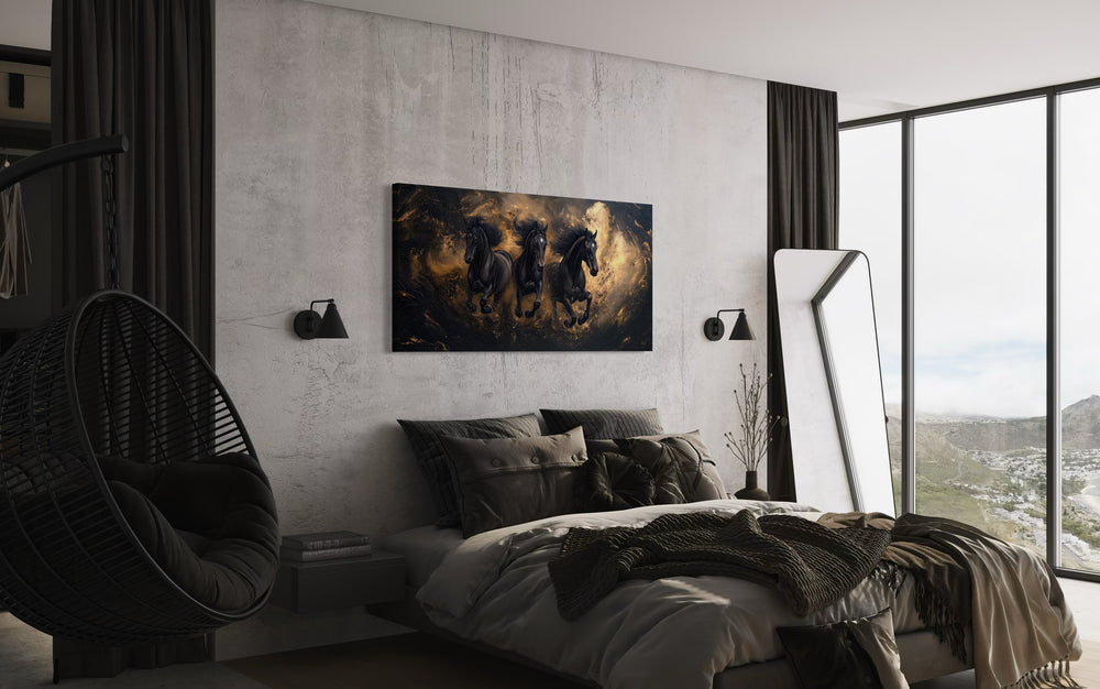 Three Running Stallions On Black Gold Background Framed Canvas Wall Art above bed