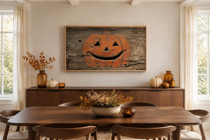 Primitive pumpkin canvas wall art on weathered wood background in a rustic dining room setting.