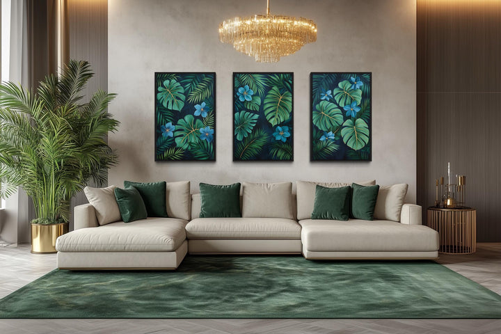 Rainforest Canvas Wall Art – Set of 3 Tropical Botanical Prints | Green Gold Blue