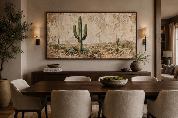 Minimalist saguaro cactus canvas wall art on a weathered wood-look background in a dining room.