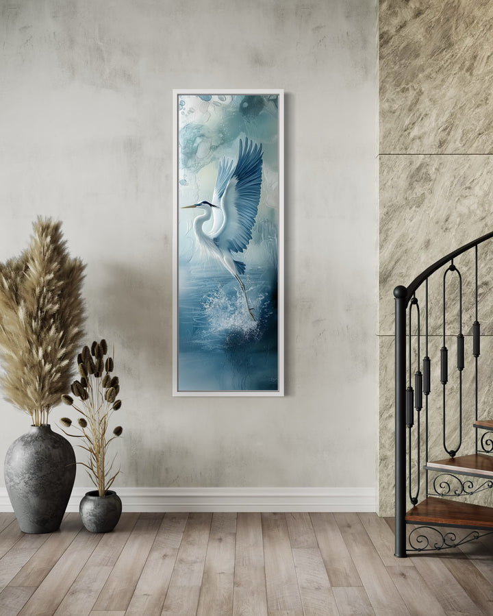 Tall Narrow Blue Heron In Flight Framed Vertical Canvas Wall Decor near staircase