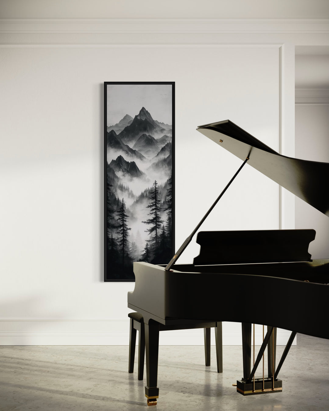 Black And White Foggy Mountain Forest Long Vertical Canvas Wall Art in music room