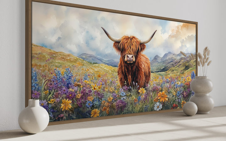 Highland Cow In Wildflower Field Framed Canvas Wall Art side view