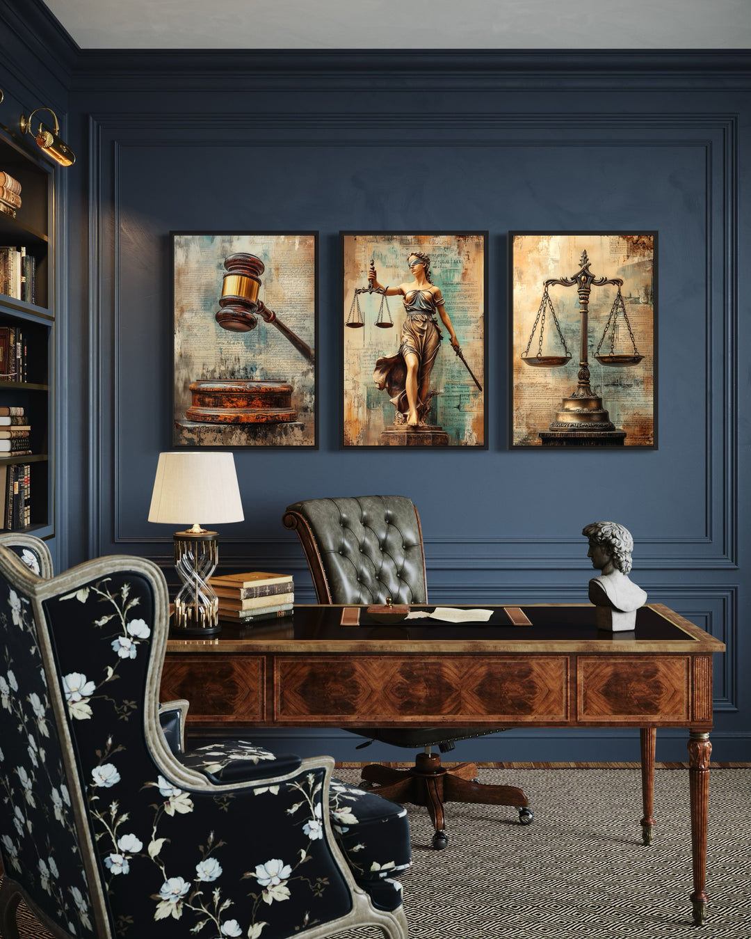 Justice and Law Wall Art Set Of 3 – Scales of Justice, Gavel, and Lady Justice Canvas Prints in lawyer office