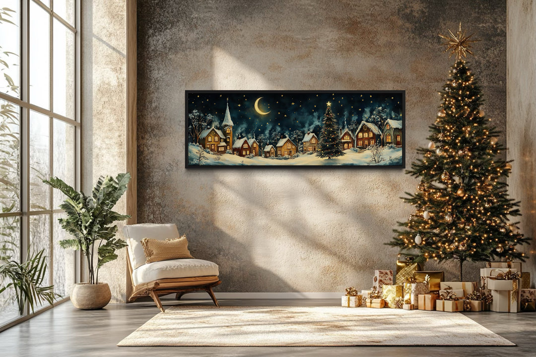 Festive Christmas Village Long Narrow Framed Canvas Wall Art in Christmas room