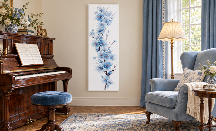 Blue watercolor floral sakura blossom vertical narrow canvas wall art in a living room setting.