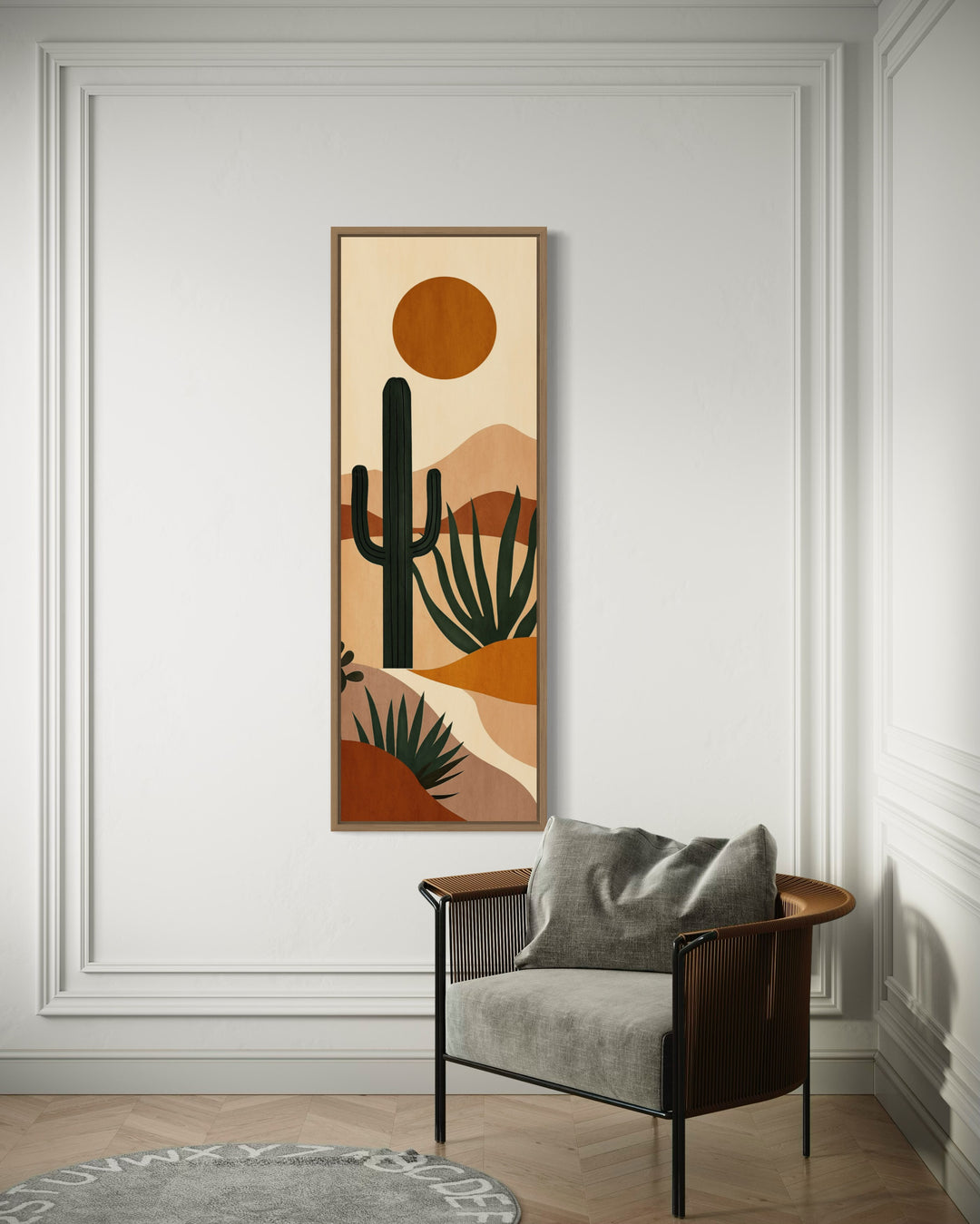 Midcentury Modern Desert Cactus Tall Narrow Vertical Wall Art in living room behind a chair