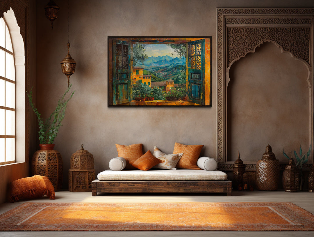 Indian Landscape View Through Open Window Framed Canvas Wall Art in indian room