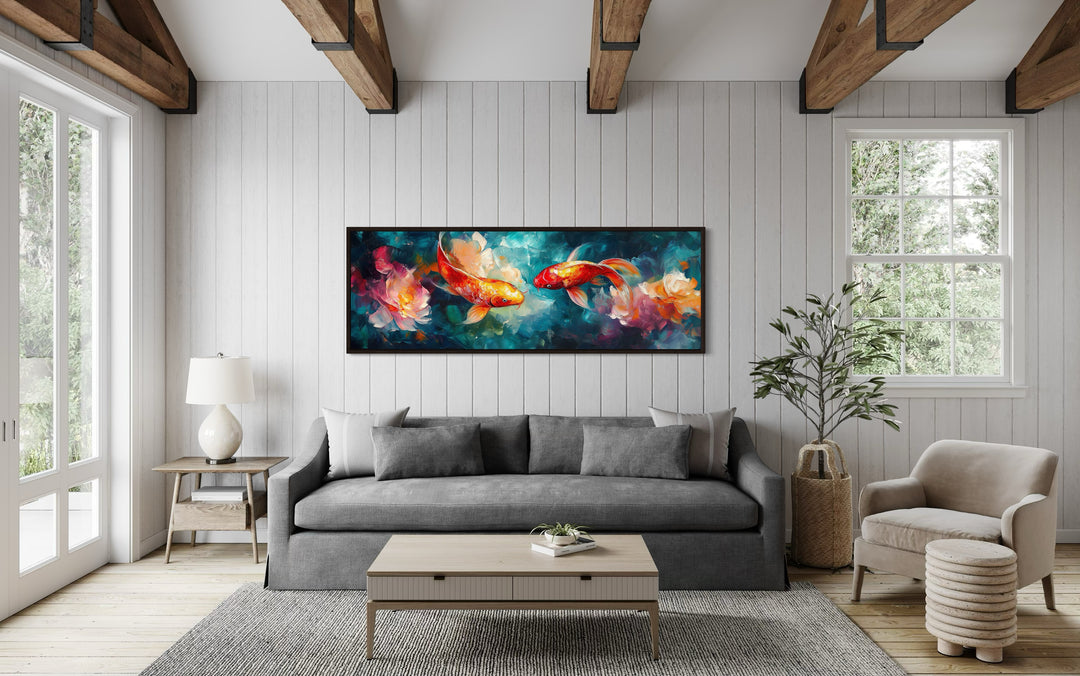 Colorful Koi Fish In The Pond Long Narrow Framed Canvas Wall Art