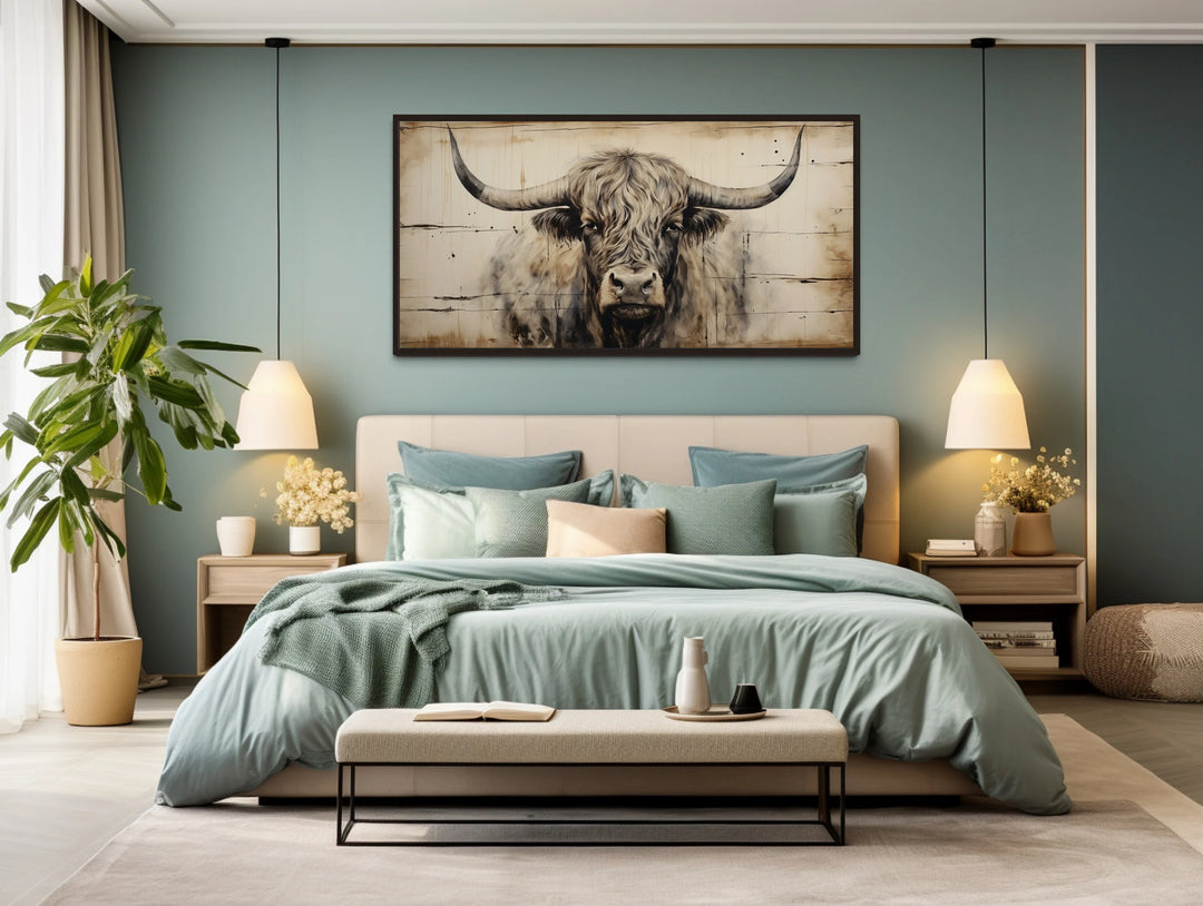 Highland Bull Painting On Wood Rustic Farmhouse Wall Art in a bedroom