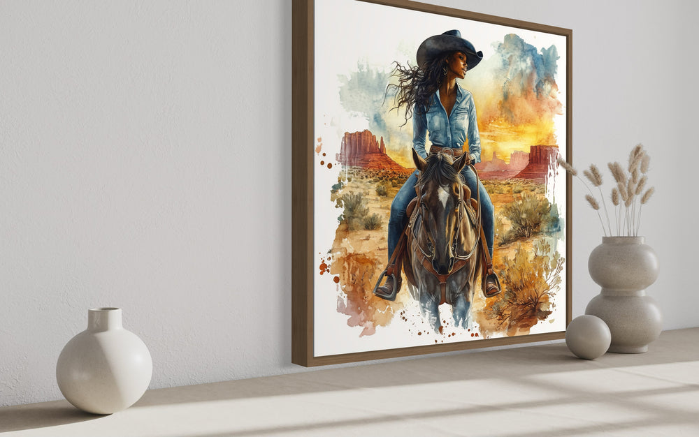 African American Cowgirl Riding A Horse Framed Canvas Wall side view