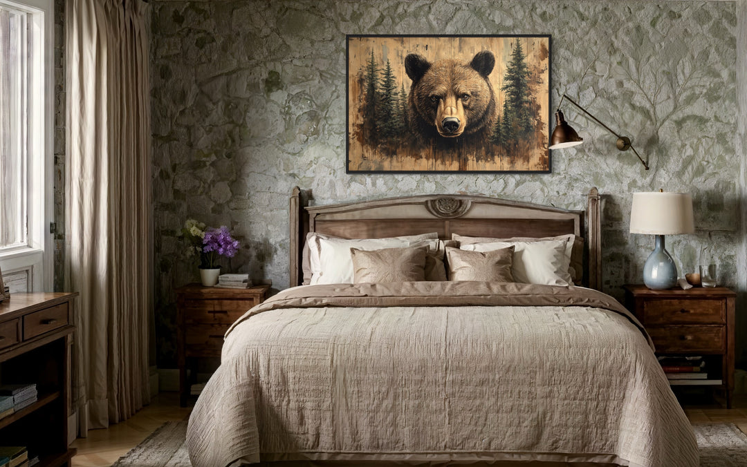 Grizzly Bear Portrait On Wood Rustic Framed Canvas Wall Art in cabin bedroom