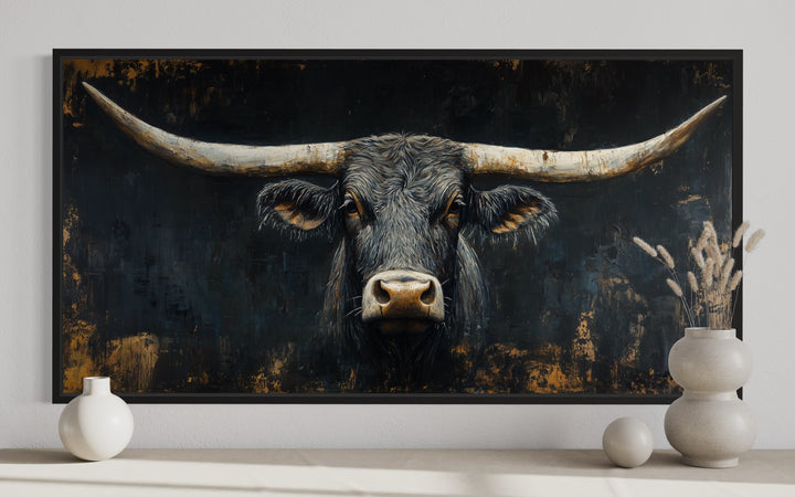 Black Texas Longhorn Head On Black Background Framed Canvas Wall Art close up