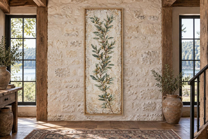 Tall vertical canvas wall art featuring a green olive branch on a textured, aged cream background.