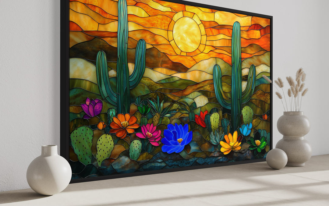 Colorful Desert And Cacti Stained Glass Style Framed Canvas Wall Art side view