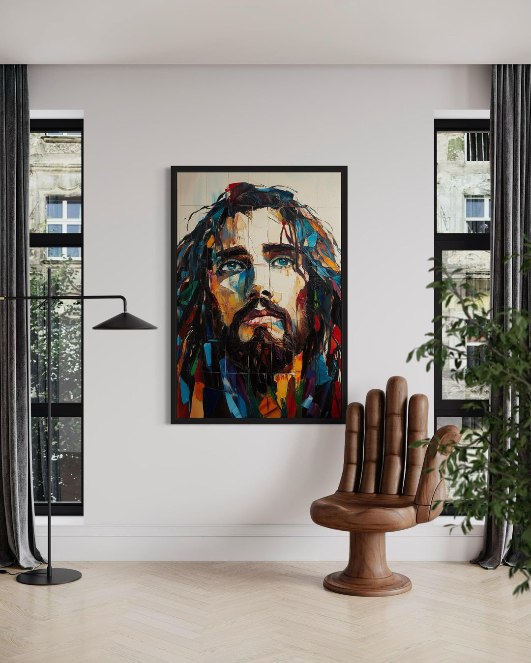 Modern Jesus Canvas Art – Abstract Colorful Christian Wall Decor with Floating Frame