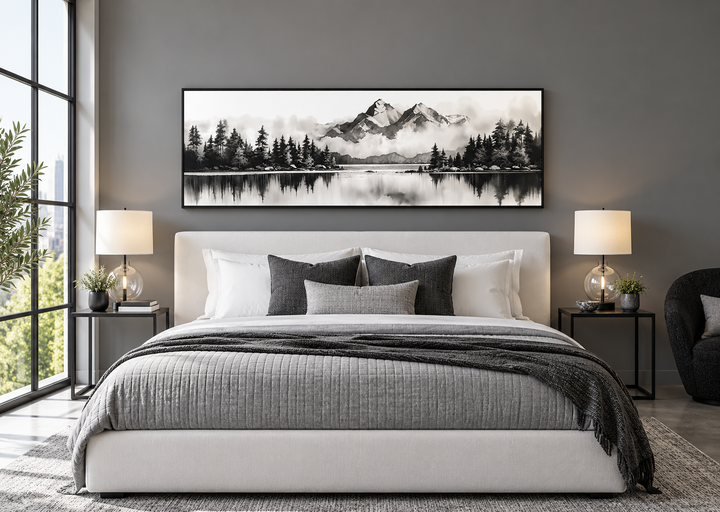 Panoramic black and white mountain lake landscape canvas wall art hanging above a modern bed.