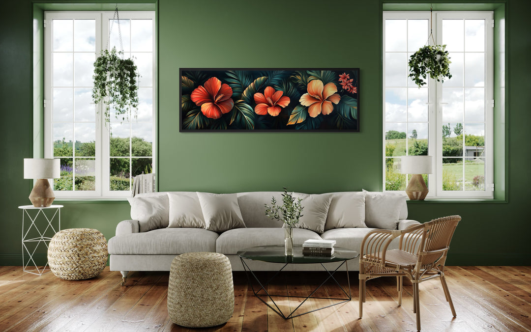 Long Narrow Tropical Flowers Framed Canvas Wall Art in living room