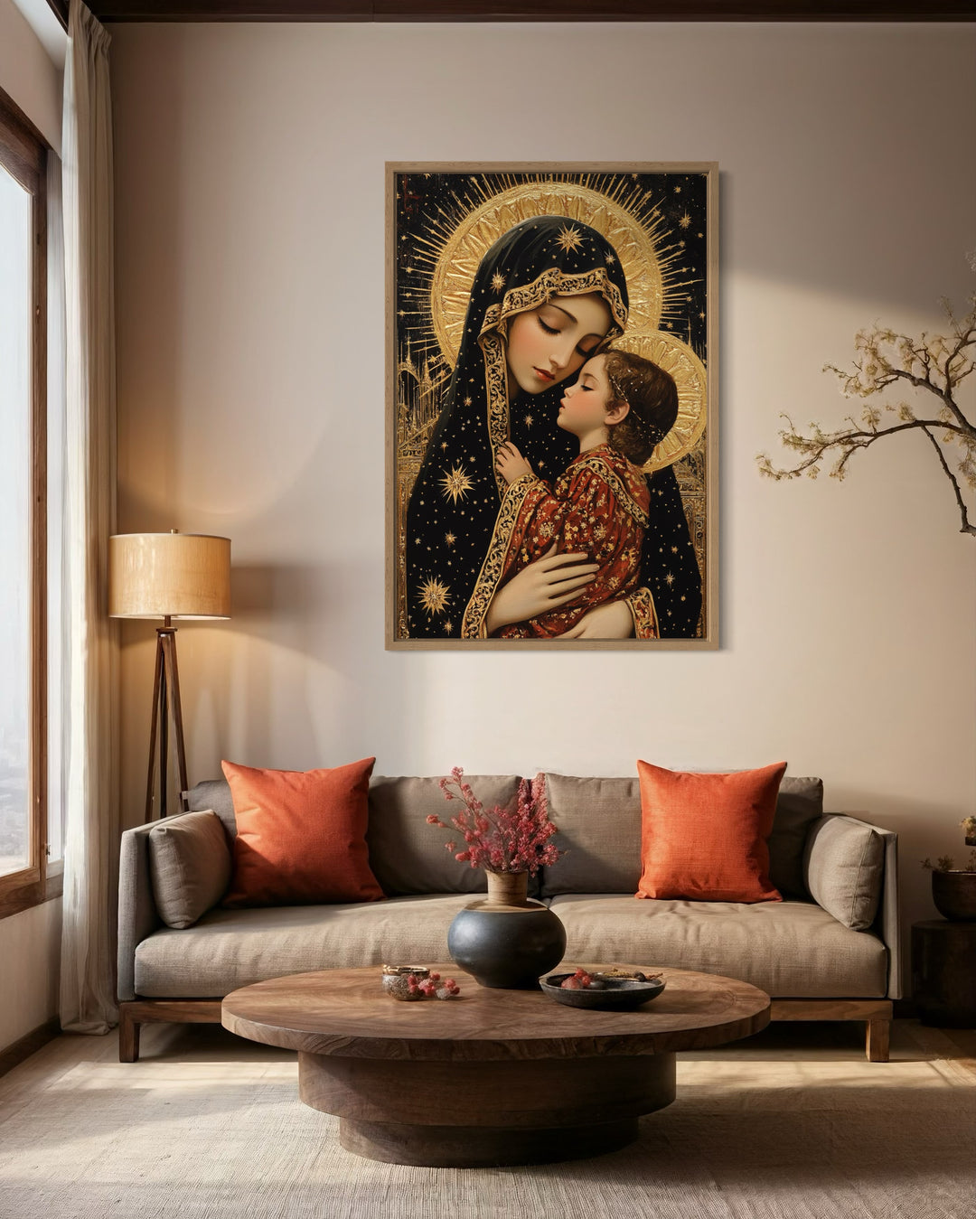 Virgin Mary And Baby Jesus Modern Icon Framed Christian Canvas Wall Art above brown couch