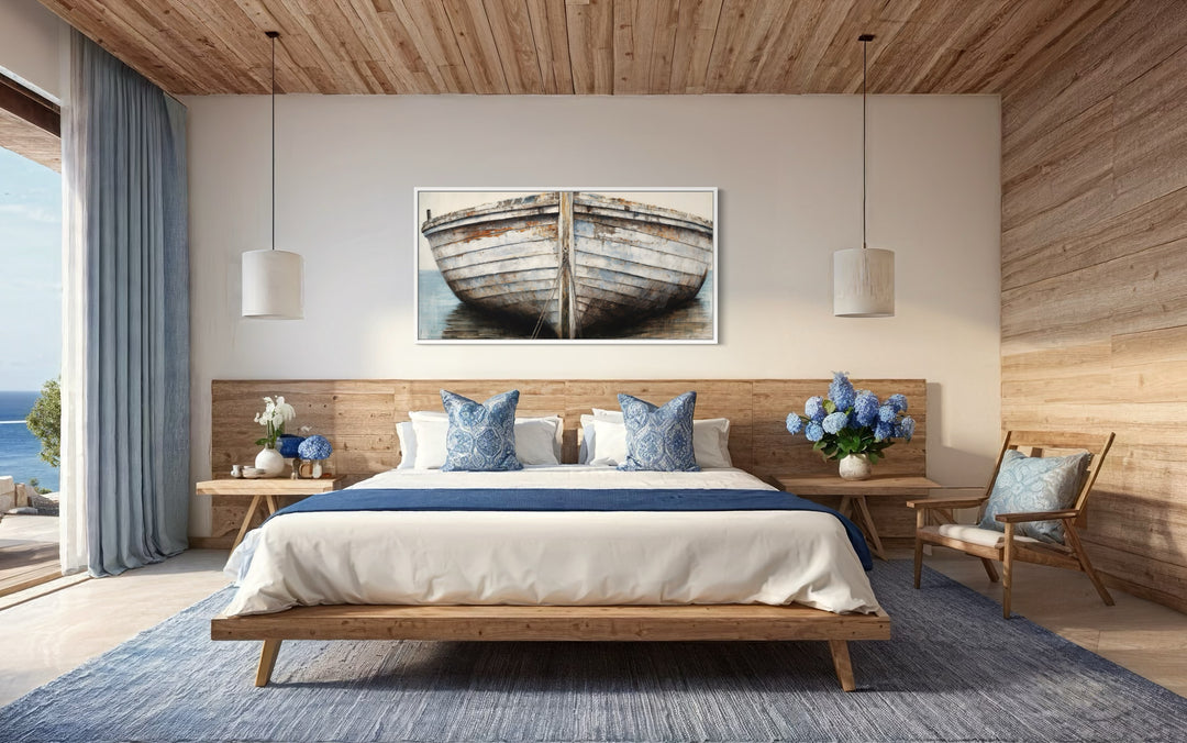 White Brown Rustic Old Boat Close Up Framed Canvas Wall Art above bed