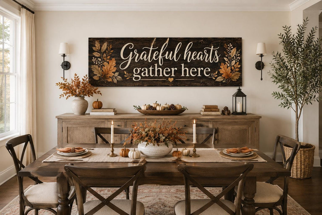 Grateful Hearts Gather Here farmhouse sign with fall leaves above a dining room sideboard.