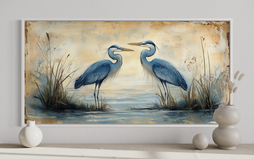 a painting of two blue herons in a marsh