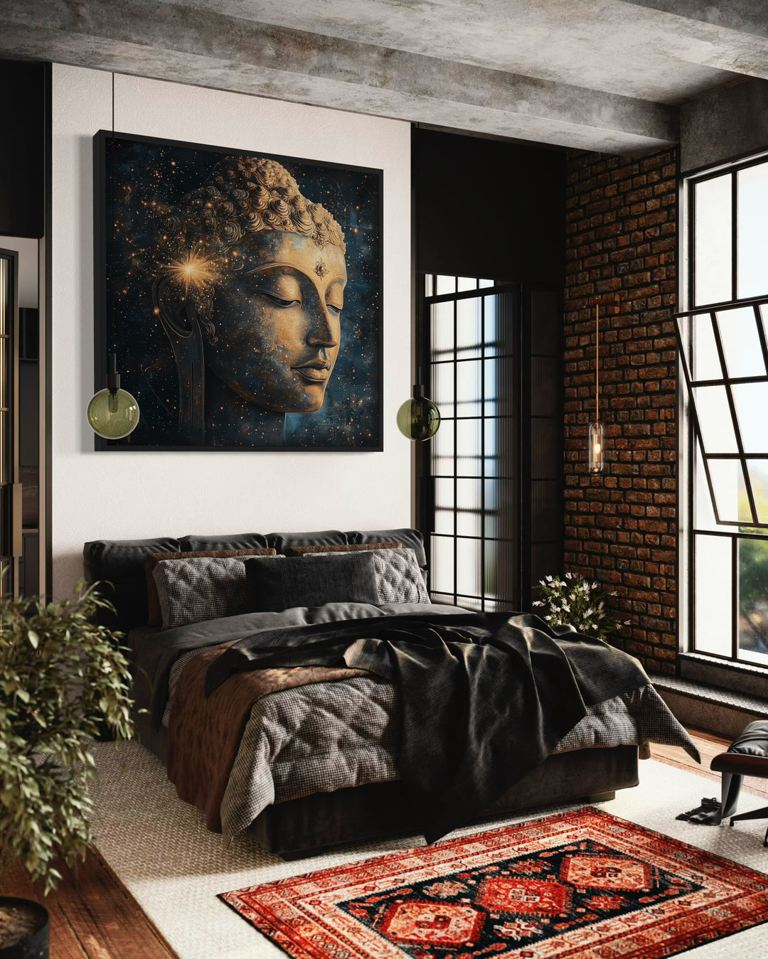 Golden Buddha in Cosmic Galaxy Canvas Art - Meditation and Zen Decor above bed