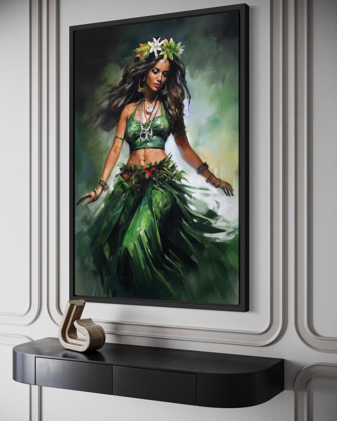 Hawaiian Hula Dancer canvas wall art featuring a dancer in a green dress on a modern wall.