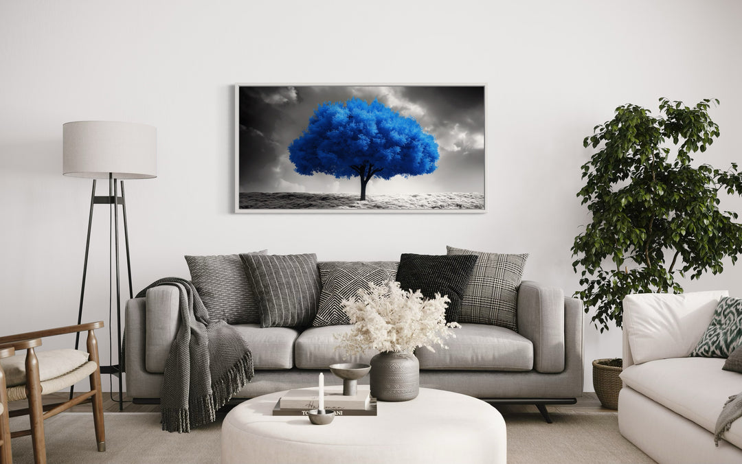 Blue Tree on Black White Background Framed Canvas Wall Art