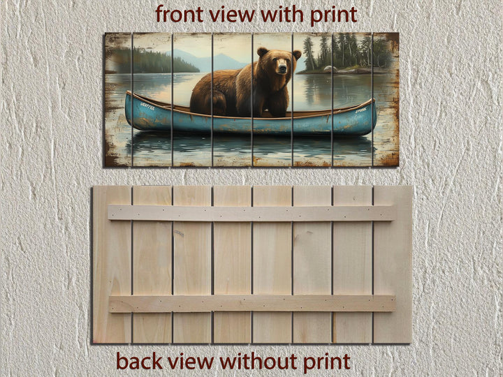 Grizzly Bear in Blue Canoe Distressed Wood Wall Art, Rustic Lake Cabin Wildlife Scene Decor