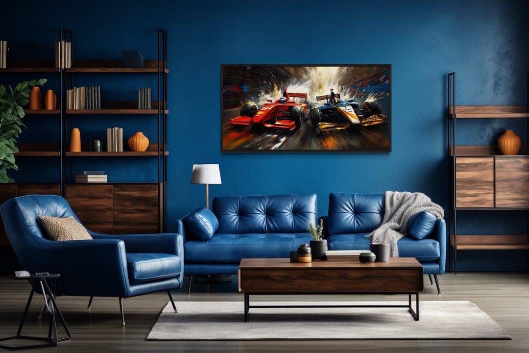 Two Race Cars On Race Track Graffiti Abstract Painting Framed Canvas Wall Art in a living room filled with furniture