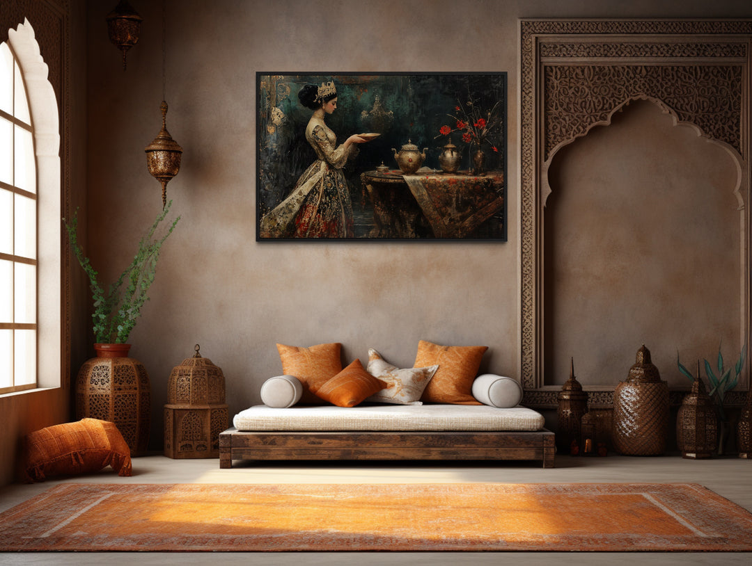 Persian Princess Serving Tea Framed Middle Eastern Canvas Wall Art in living room