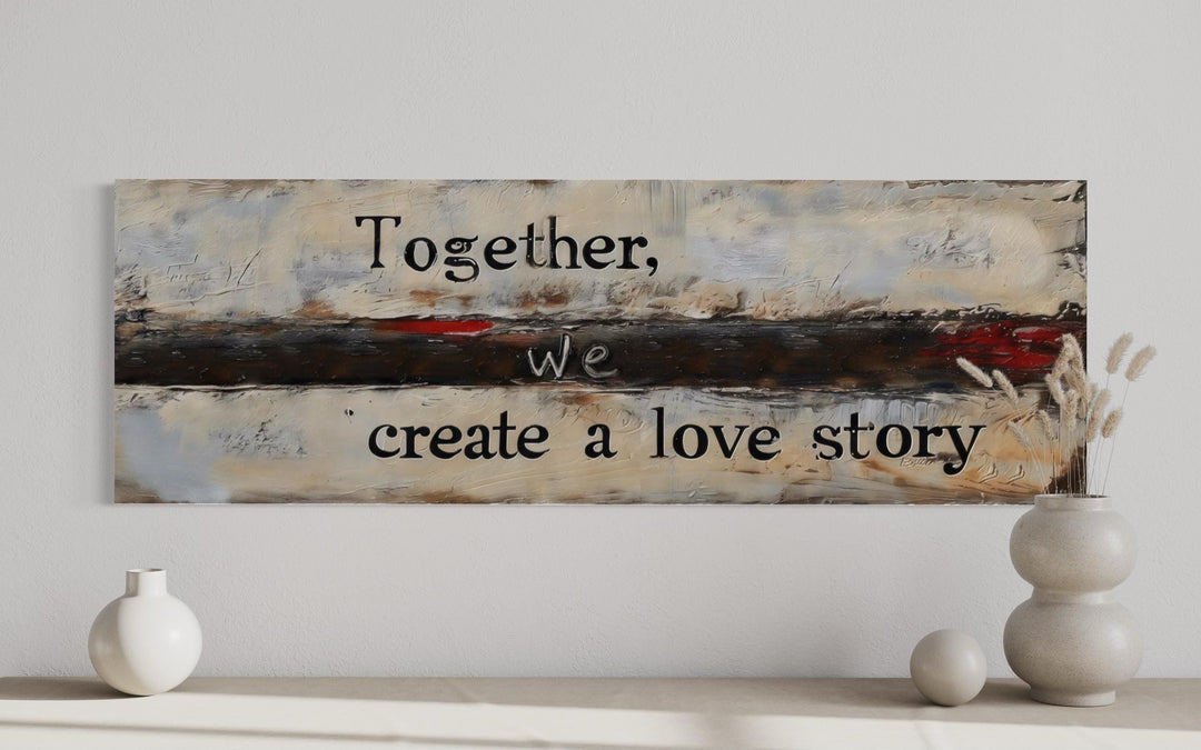 Horizontal canvas art with the quote "Together, we create a love story" on a textured background.